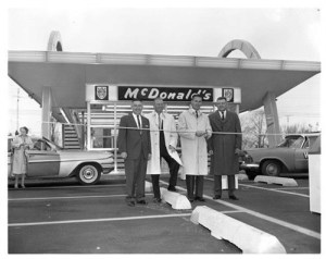 John Mack, Sr. on far right at ribbon-cutting for his second McDonald's on S. MacArthur Blvd., 1961