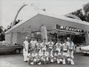 The McDonald's Drive-in Little League Team poses in front of the chain's first franchise in Springfield on South Sixth Street in 1961.  Source: Illinois State Journal, April 27, 1999.  