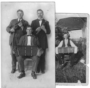 Left photo: Adam Pazemetsky with clarinet, Mr. Karalitis with fiddle, and Mr. Petrovitch seated, with concertina.  Right photo: Pazemetsky with concertina.