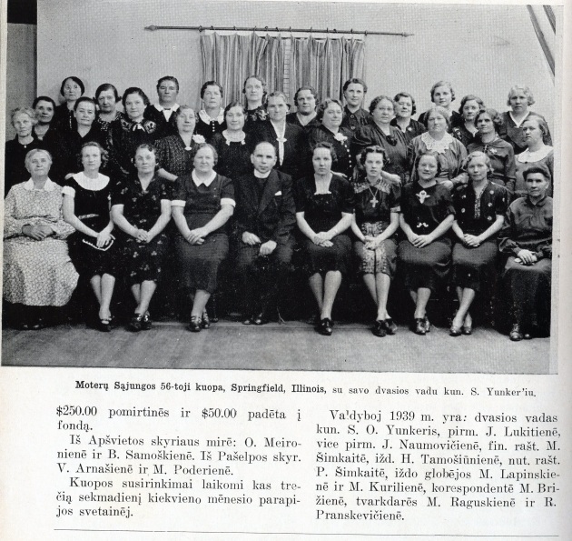 1930s or '40s photo of the SVDP chapter of the Alliance of Lithuanian Roman Catholic Women from a yearbook written entirely in Lithuanian.