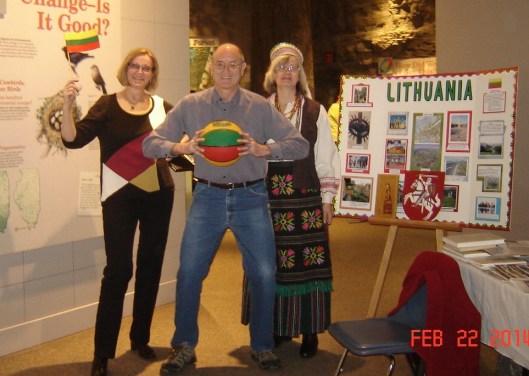 Irena, her friend Tom (taking up a basketball stance), Sandy with storyboard made by Mary Chepulis