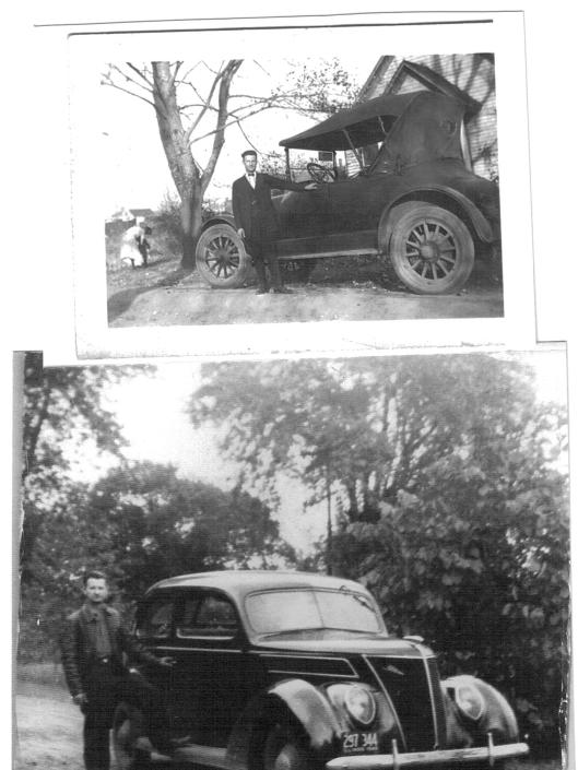Top:  John Joseph with Model T on his wedding day in Riverton, 1925.  Bottom:  In leather jacket with 1940s vehicle