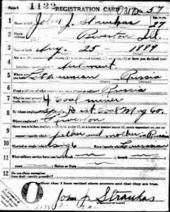 John Joseph Straukas draft registration, page 1 (1917, not 1914).