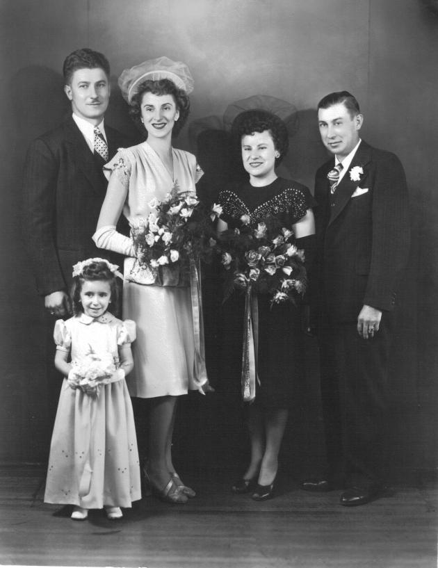 Joe and Monty (Monica) Yanor wedding, late 1940s, with Bill and Josephine (Yanor) Stankavich and flower girl Georgann (Yanor) Carver
