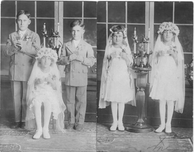 left photo: Bernie, Anna, and Joe Yanor, First Holy Communion, St. Vincent dePaul's, circa 1920.  Right photo: Eva Thomas and Anna Yanor. 