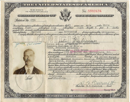 Jonas Galminas (John Galman, Sr.) Certificate of U.S. Citizenship, 1931.