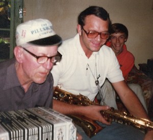 Grandpa John (in his Pillsbury hat) on concertina, with his son-in-law Jerry on tenor sax and grandson David Black, 1979.