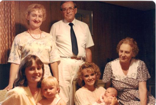 Joe, his wife Giedre, her mother Brone Kizlauskas (Kizlauskiene) and Koncius daughters (l to r) Ruta holding Sigita and Maria holding Ina. 1980s.
