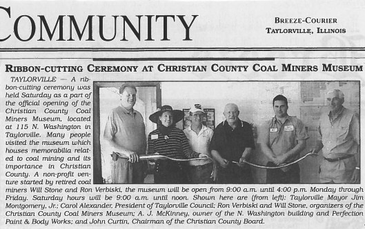Taylorville newspaper article announcing the museum's opening, 2003.