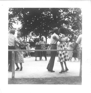 Outdoor dance floor at Pakey farm picnic of the "Lithuanian Lodge," 1950s.  Lithuanian leftist groups supported racial equality and were racially integrated.  