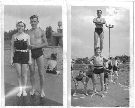 Memorial Pool or Muscle Beach? On left, young Teresa and Tony Witkins. On right, Tony atop strong man. 