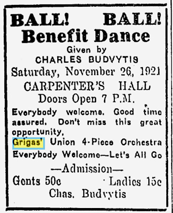 Grigas' Orchestra. ISR, Nov. 25, 1921, p. 14